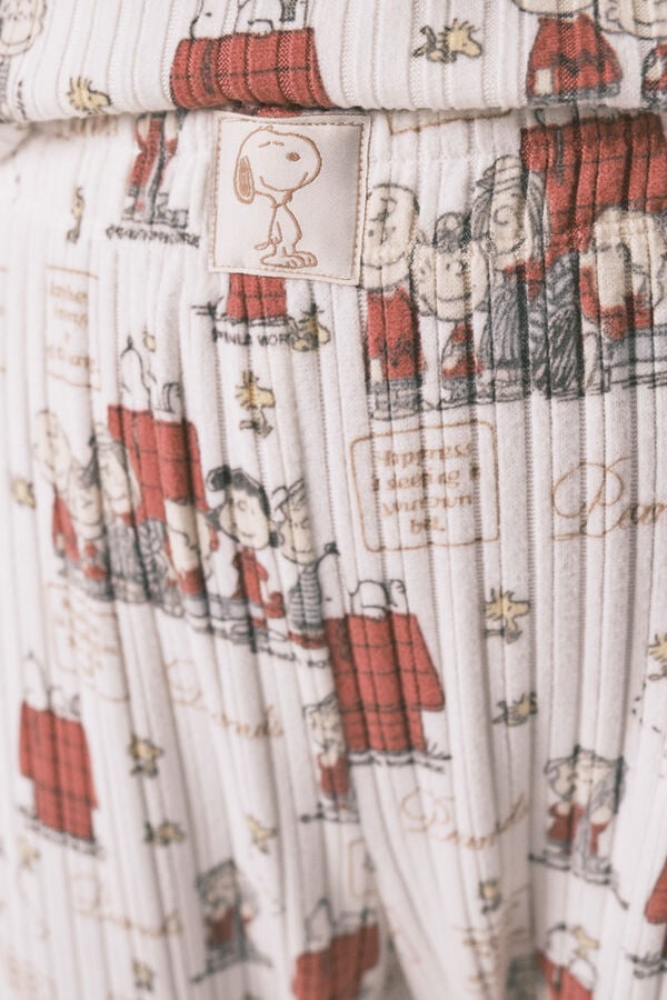 Women'secret Pijama larga canalé suave blanco Snoopy marfil