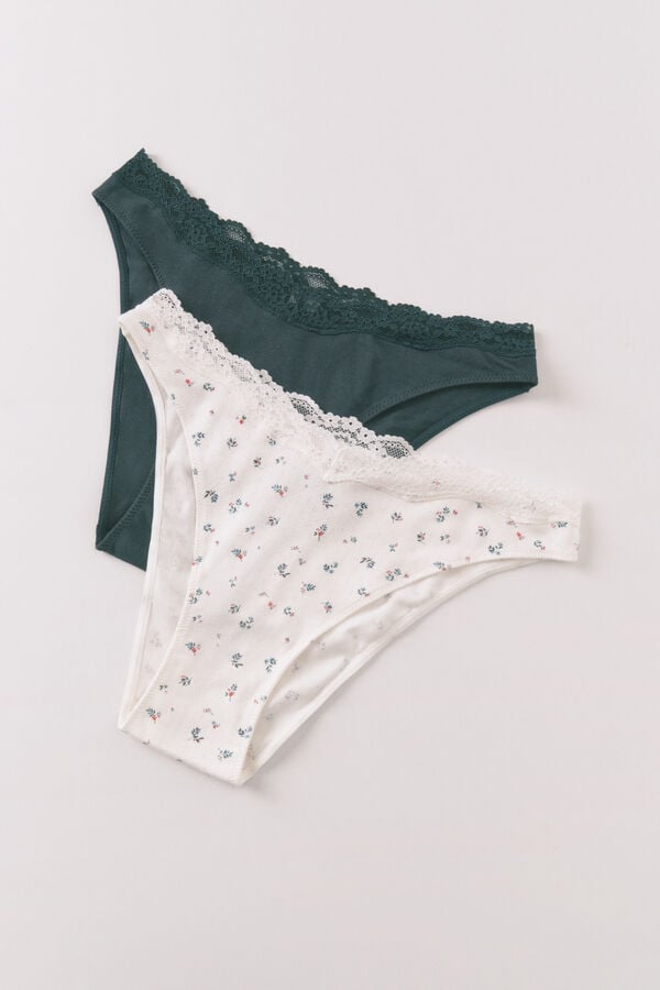Women'secret Pack de 2 panties clásica de algodón verde con estampado blanco kaki