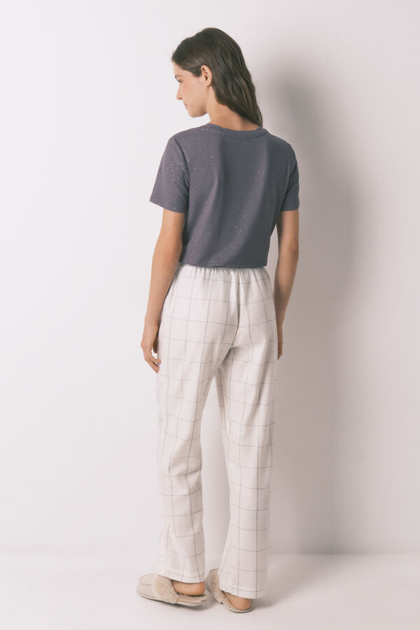 Women'secret Pantalón largo de franela blanca con estampado de cuadros marfil