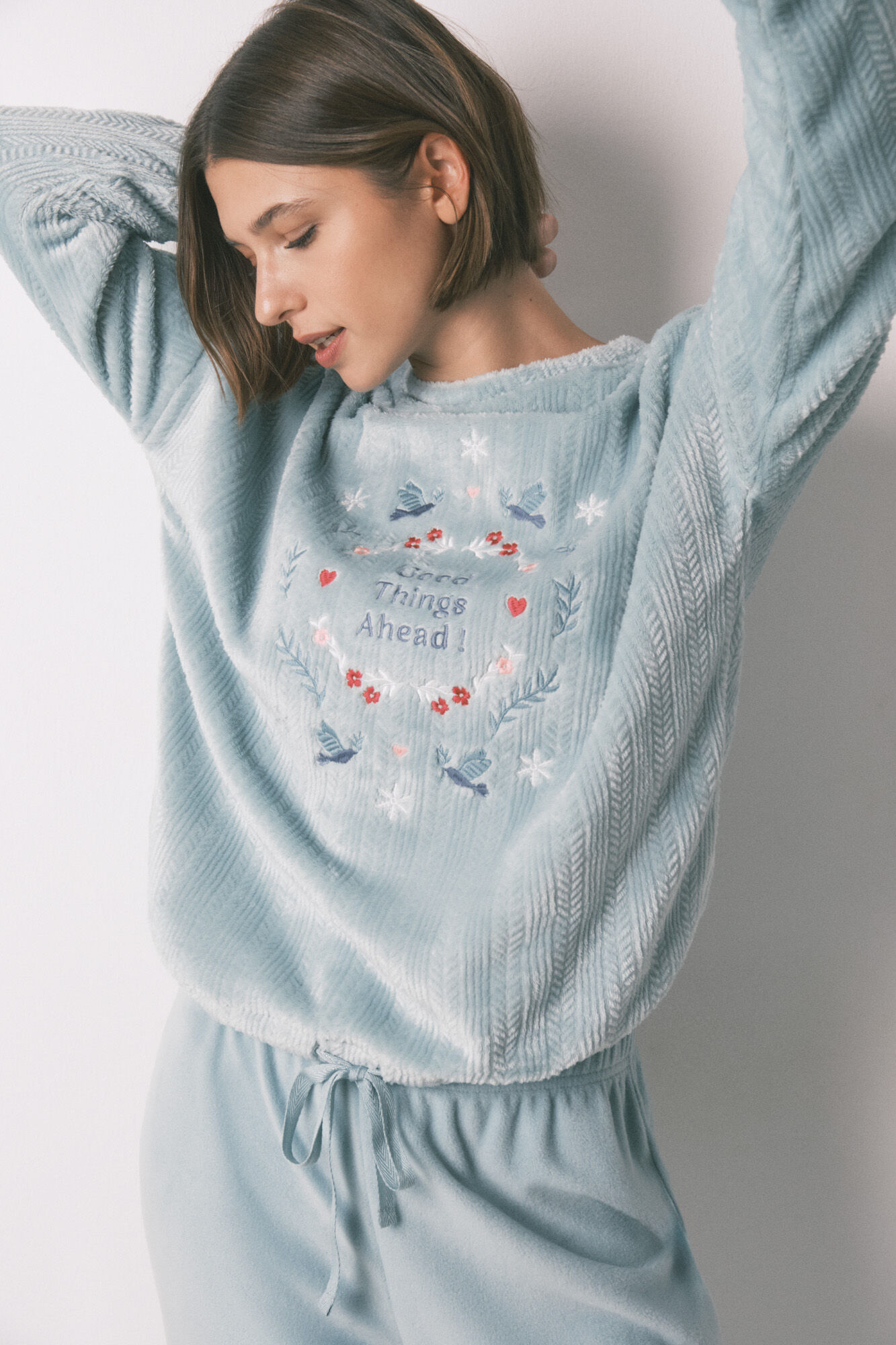 Women'secret Pijama larga de polar con textura azul