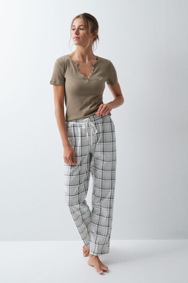 Women'secret Pantal&oacute;n largo de algod&oacute;n a cuadros blanco