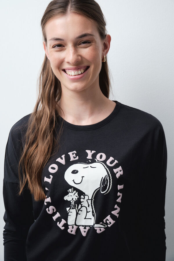 Women'secret Pijama larga de algod&oacute;n Snoopy gris oscuro gris