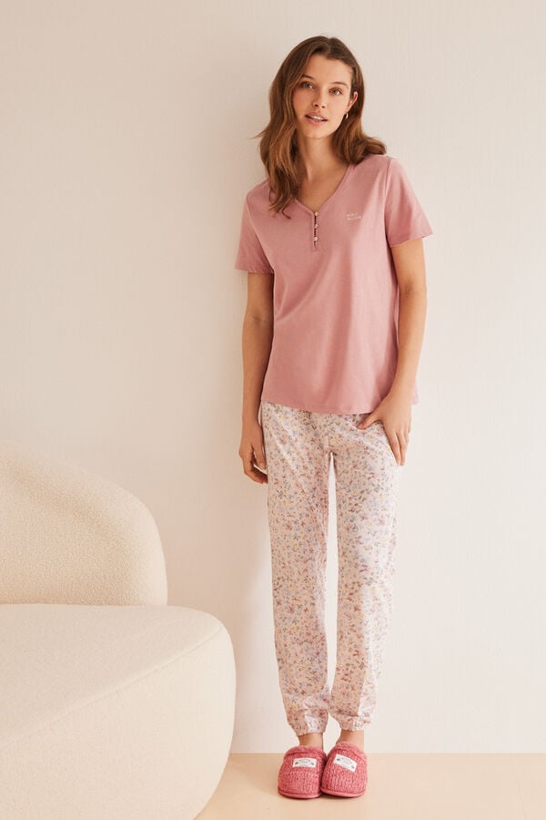 Womensecret Pijama larga 100% algodón flores manga corta rosa