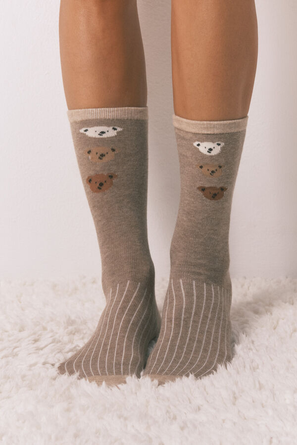 Women'secret Pack de 3 calcetines largos de algodón con forma de oso  beige