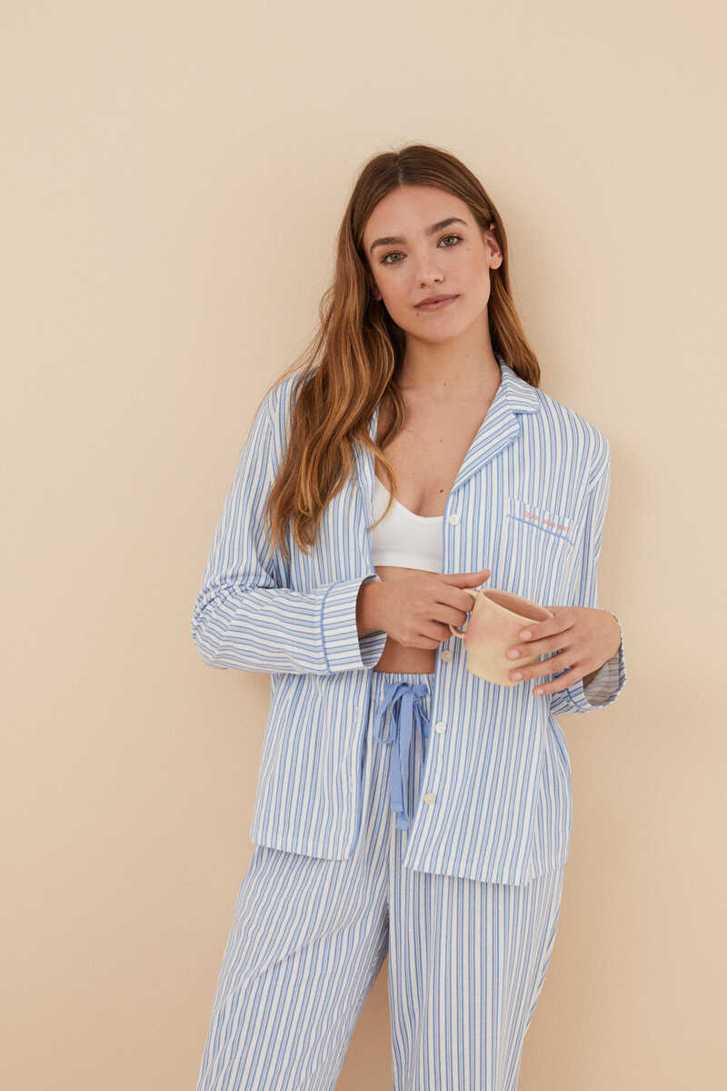 Womensecret Pijama camisera 100% algodón rayas azul estampado