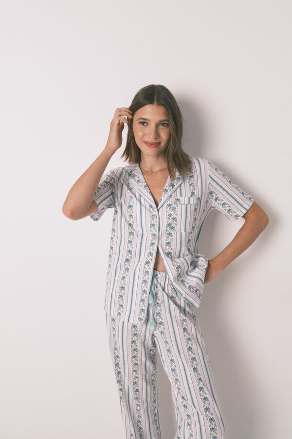 Womensecret Pijama camisera Capri de rayas 100% algodón marfil