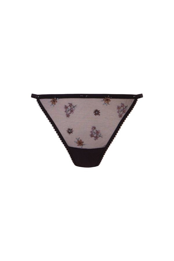 Women'secret Tanga de encaje bordado de flores negro negro