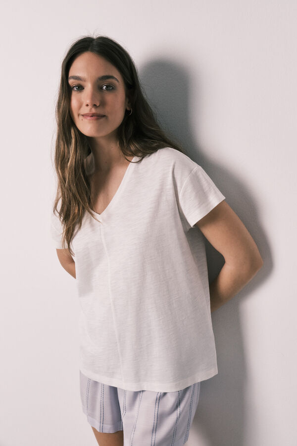 Women'secret Pijama corta de algod&oacute;n y viscosa a rayas marfil