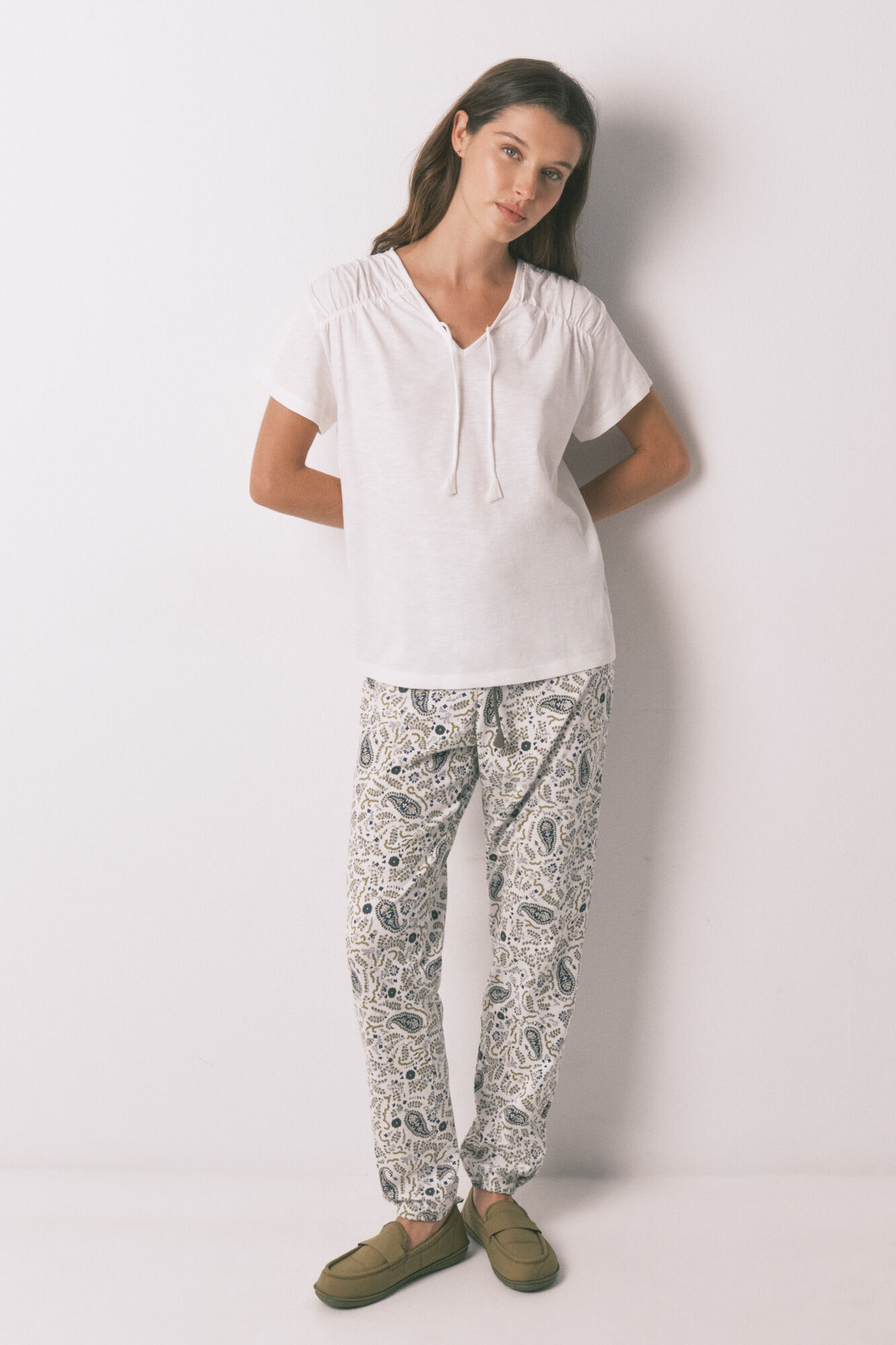 Women'secret Playera manga corta fruncida de algod&oacute;n blanca