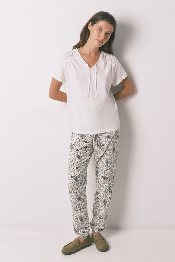 Women'secret Playera manga corta fruncida de algod&oacute;n blanca marfil