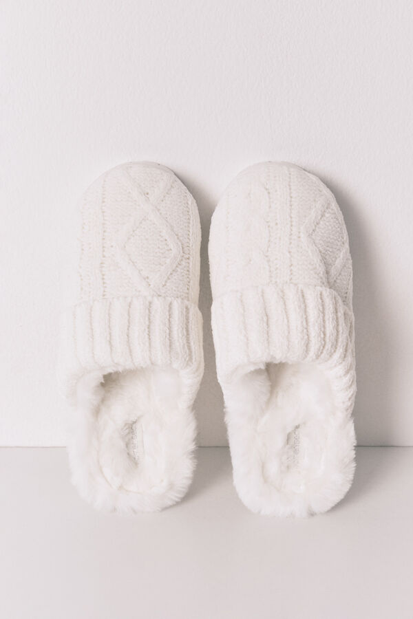 Women'secret Pantuflas para casa de tejido de tricot blancas marfil