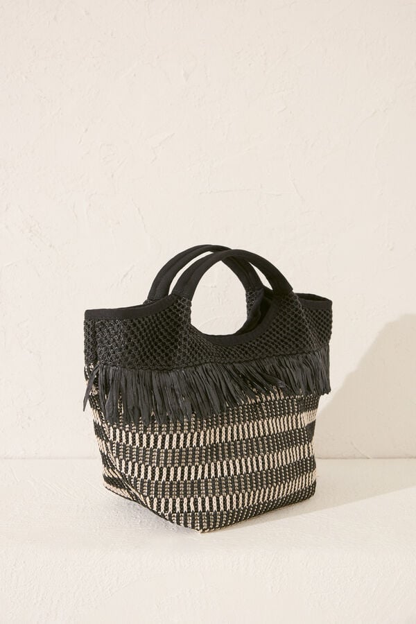 Womensecret Bolsa mediana de rafia negra con flecos . café