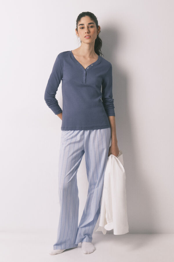 Women'secret Playera manga larga acanalada de algod&oacute;n azul azul