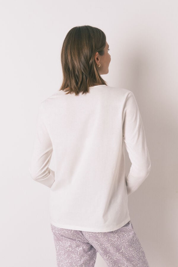 Women'secret Playera blanca de manga larga 100% algodón marfil