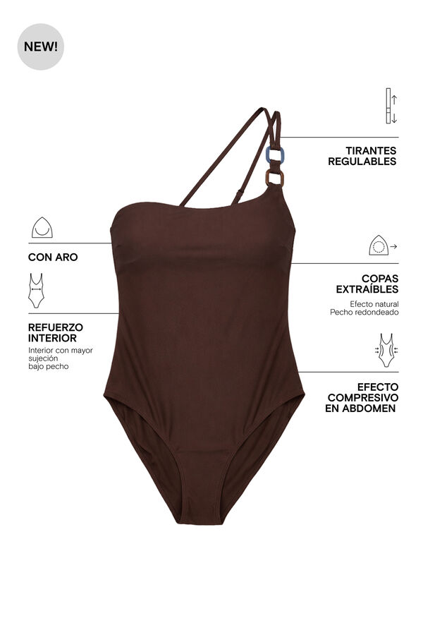 Women'secret Traje de ba&ntilde;o modelador asim&eacute;trico marr&oacute;n caf&eacute;