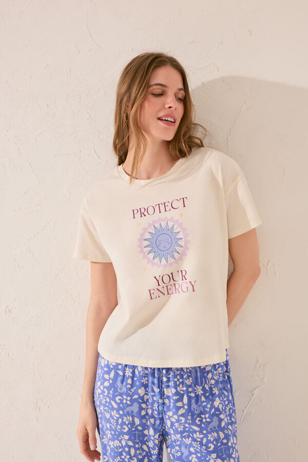 Womensecret Playera de manga corta de algodón color marfil marfil