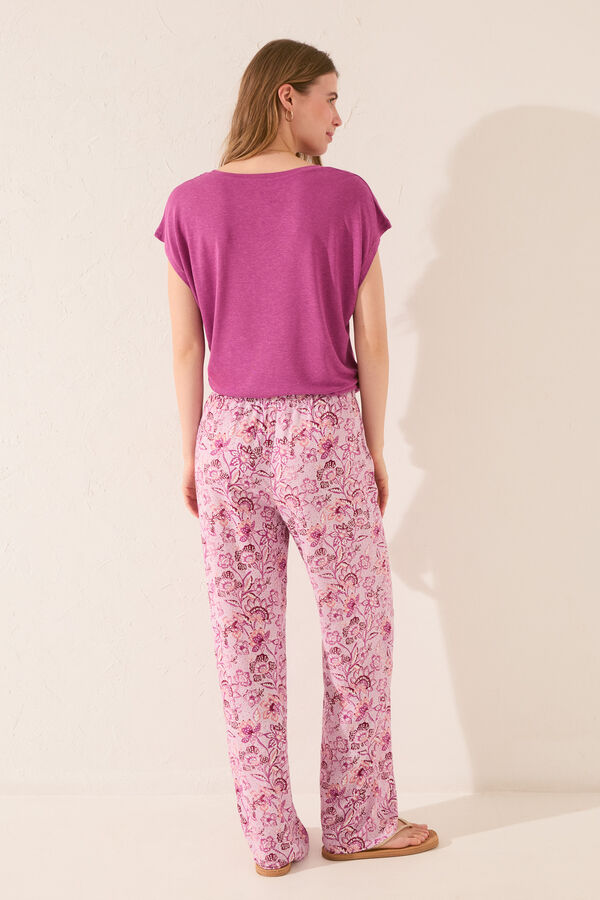 Womensecret Pantalón largo de viscosa con estampado rosa rosa