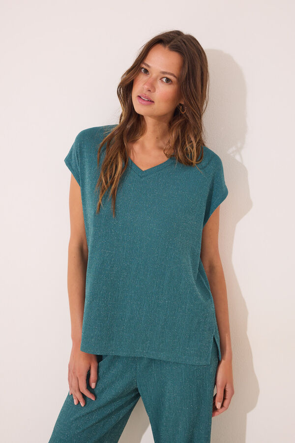 Womensecret Conjunto de pantalón y playera de lurex verde verde