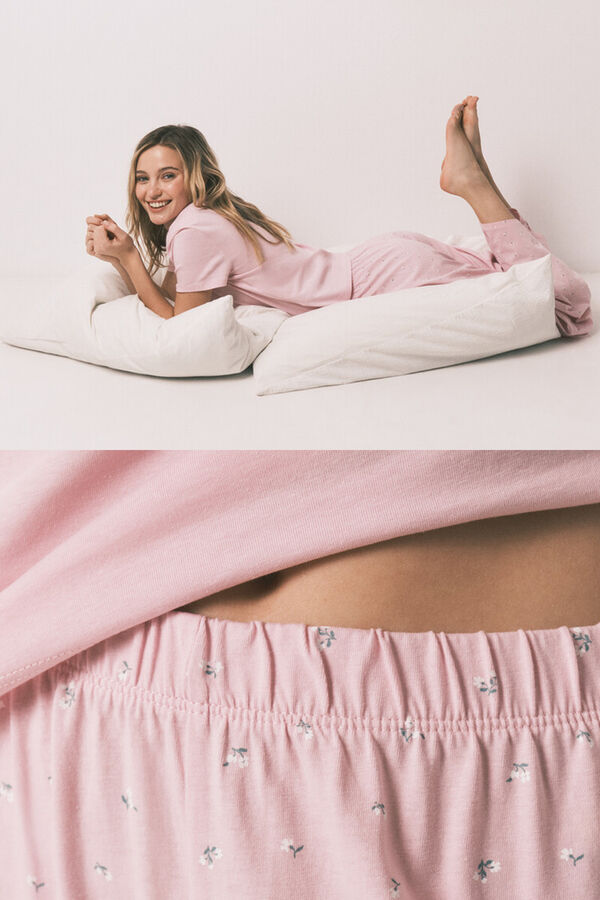 HI&BYE Pijama larga de algod&oacute;n rosa con estampado de mini flores rosa