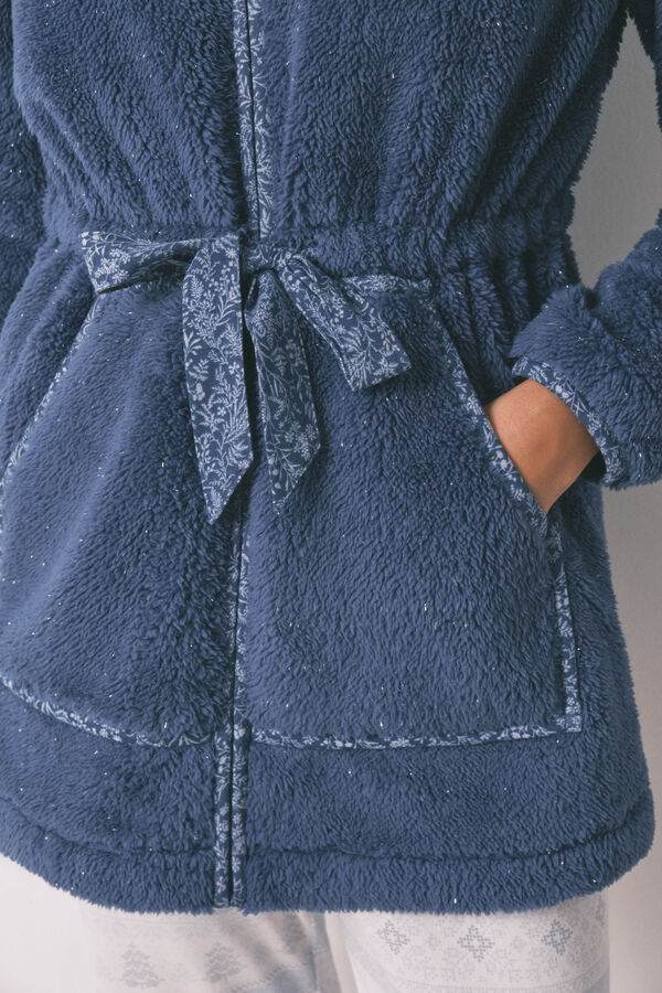 Women'secret Bata midi con capucha de forro polar de l&uacute;rex azul azul