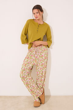 Womensecret Pantalón largo de salón 100% algodón flores blanco