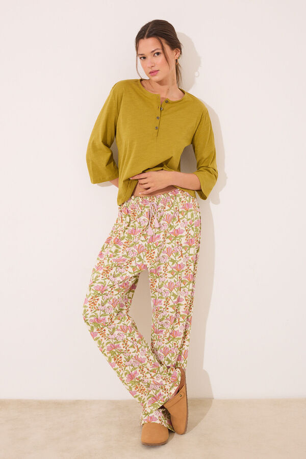 Womensecret Pantalón largo de salón 100% algodón flores blanco