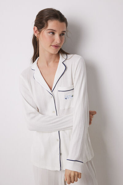 Womensecret Pijama camisera 100% algodón canalé blanco  marfil