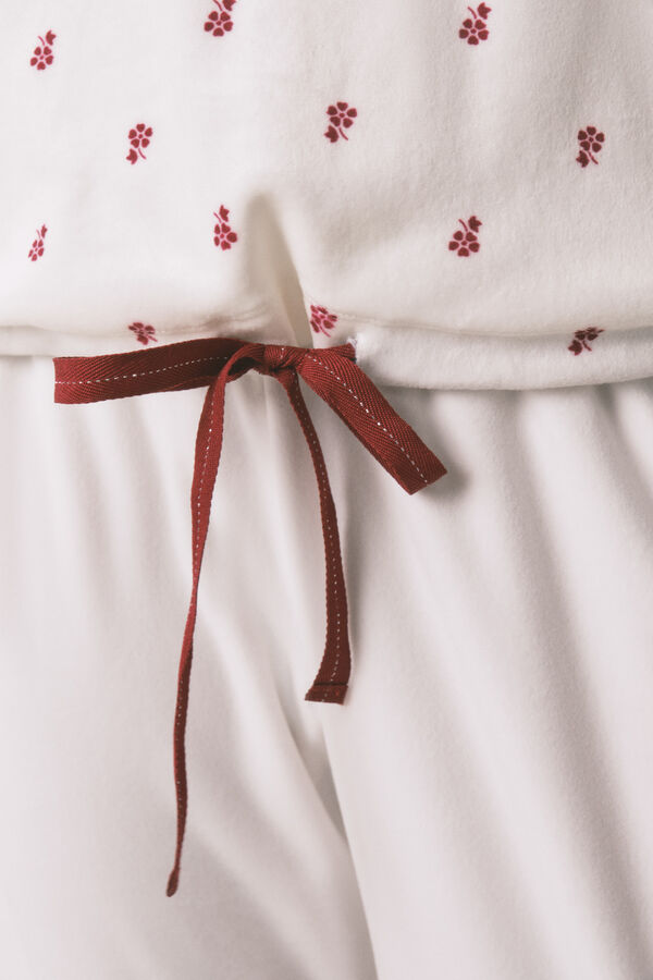 Women'secret Pijama larga de terciopelo blanco con flores. marfil