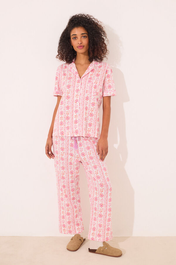 Womensecret Pijama camisera capri 100% algodón flores rosa