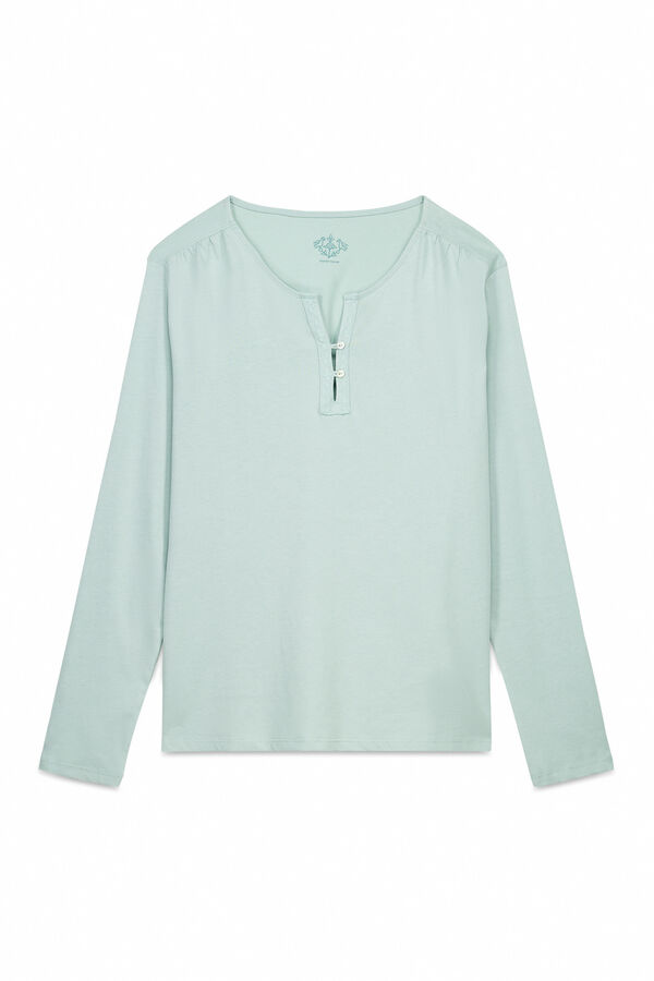 Women'secret Playera verde de manga manga larga 100% algodón verde
