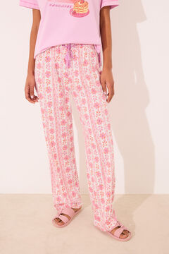 Womensecret Pantalón largo de salón 100% algodón flores rosa
