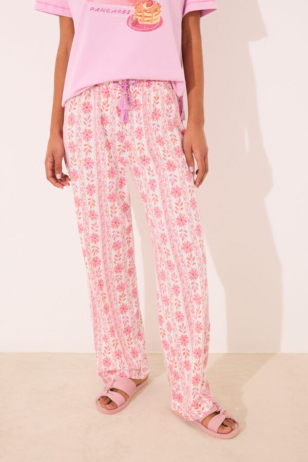 Womensecret Pantalón largo de salón 100% algodón flores rosa