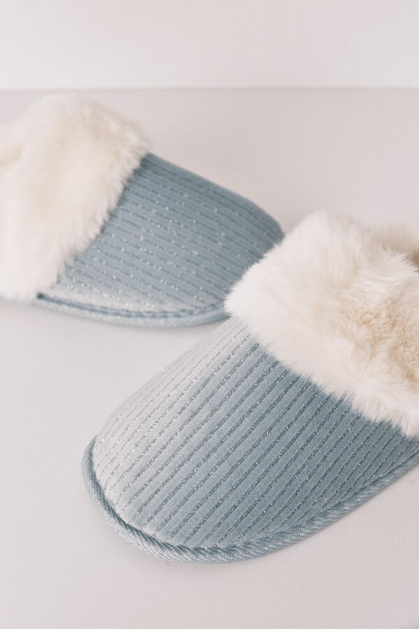 Women'secret Pantuflas para casa de canalé de pelo de lurex verde verde