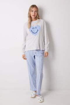 Womensecret Pijama larga 100% algodón azul corazones gris