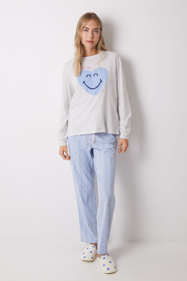 Womensecret Pijama larga 100% algodón azul corazones gris