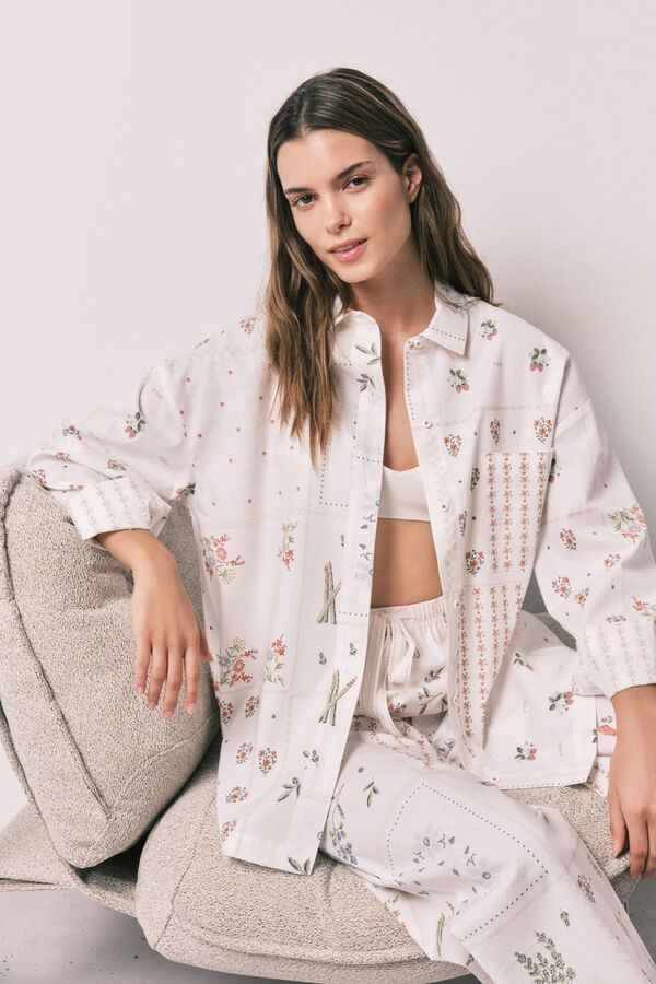 Women'secret Camisa manga larga de popel&iacute;n estampado floral blanco