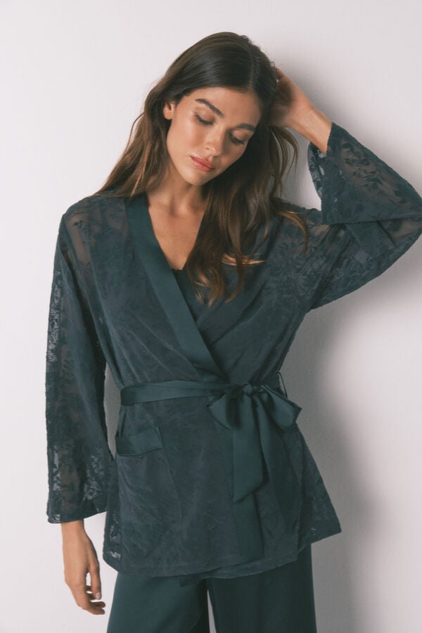 Women'secret Conjunto de pijama de satén y encaje verde verde