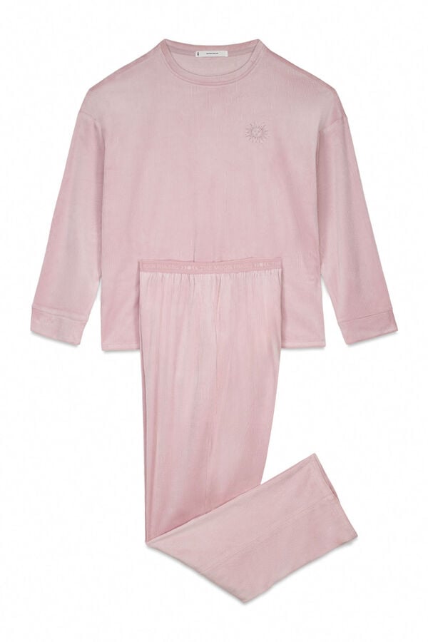 Women'secret Pijama larga de terciopelo rosa con canalé  rosa