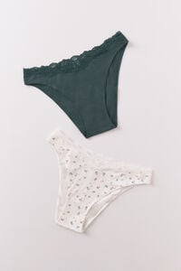 Women'secret Pack de 2 panties clásica de algodón verde con estampado blanco