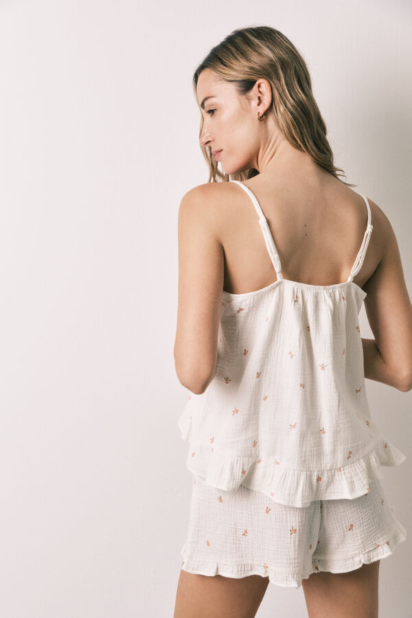 Women'secret Pijama corta de tirantes de algod&oacute;n con volantes marfil