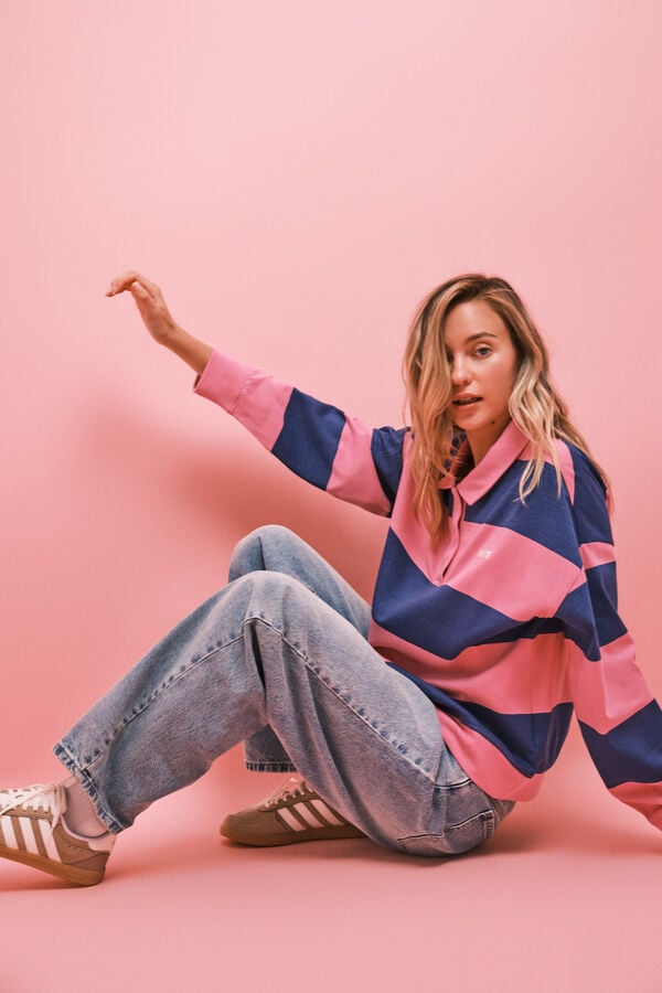 HI&BYE Sudadera polo de rayas rosa y azul estampado