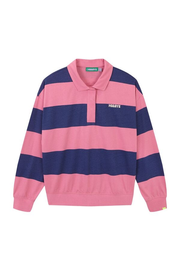 HI&BYE Sudadera polo de rayas rosa y azul estampado