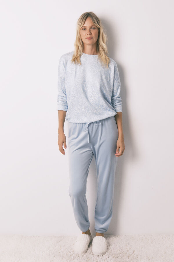 Women'secret Pijama pijama larga de terciopelo con flores de purpurina azul. azul