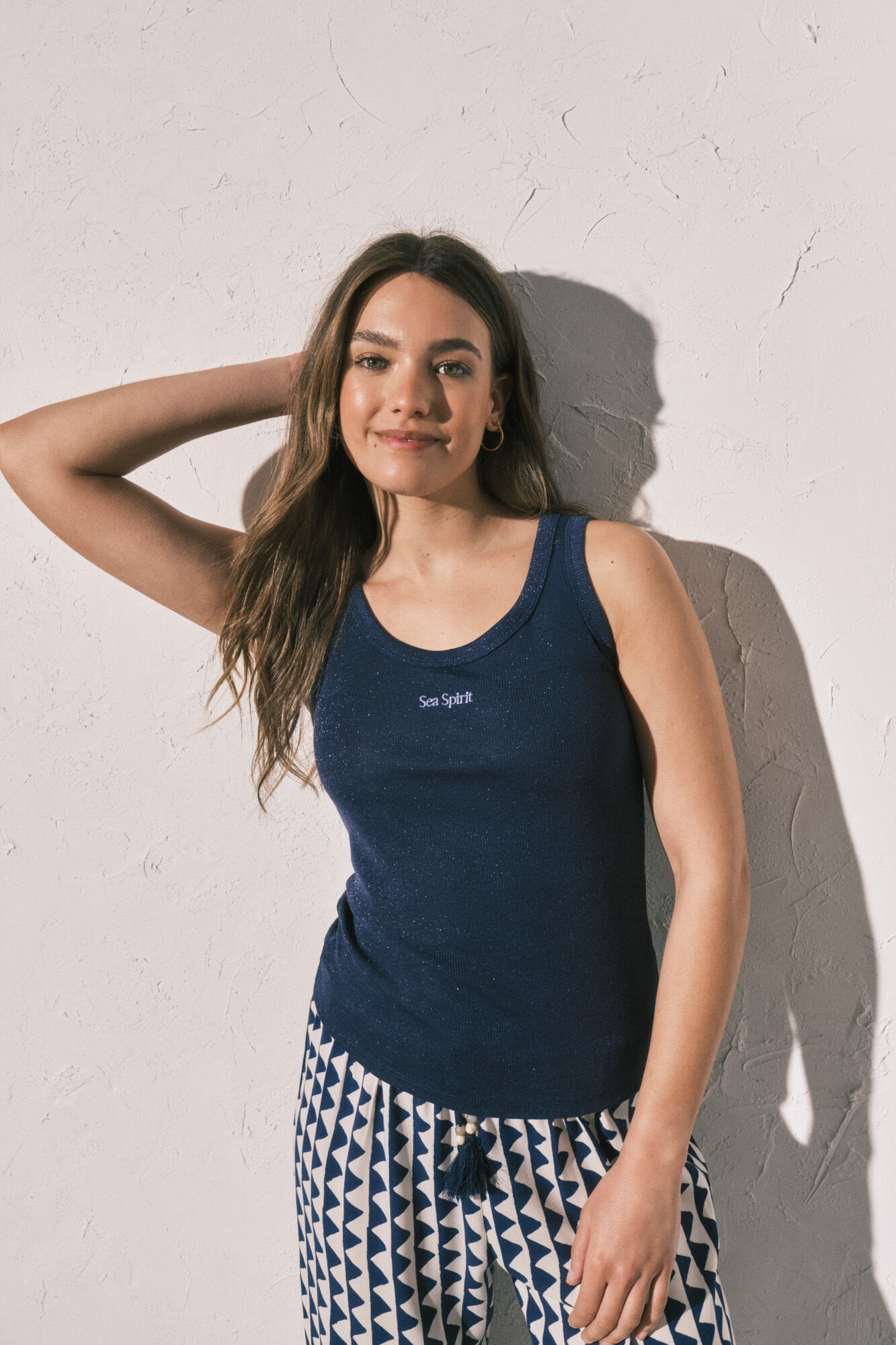 Women'secret Playera de tirantes acanalada lurex azul navy