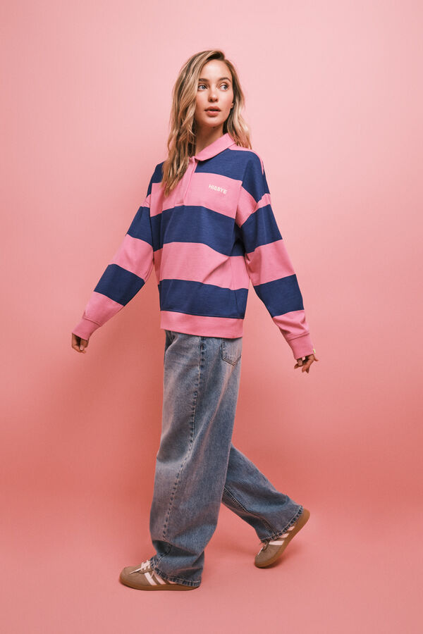 HI&BYE Sudadera polo de rayas rosa y azul estampado