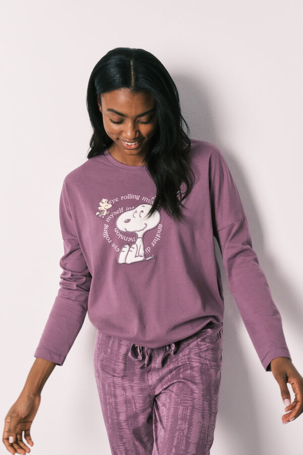 Women'secret Pijama larga de algod&oacute;n morada Snoopy morado/lila