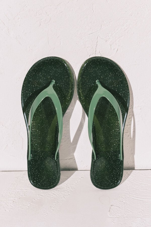 Women'secret Chanclas de dedo efecto brillo glitter verde kaki
