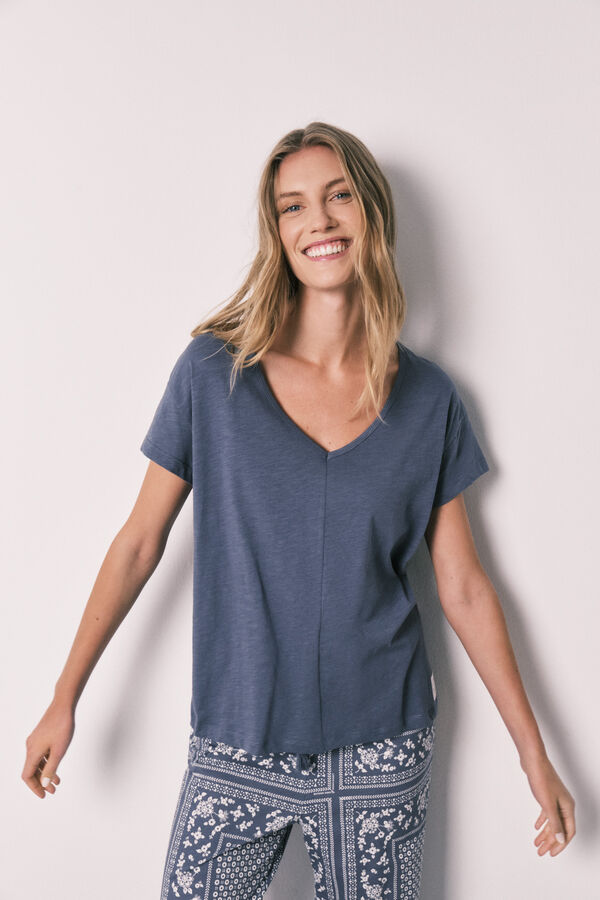 Women'secret Pijama larga de algod&oacute;n de manga corta azul con estampado de bandana azul