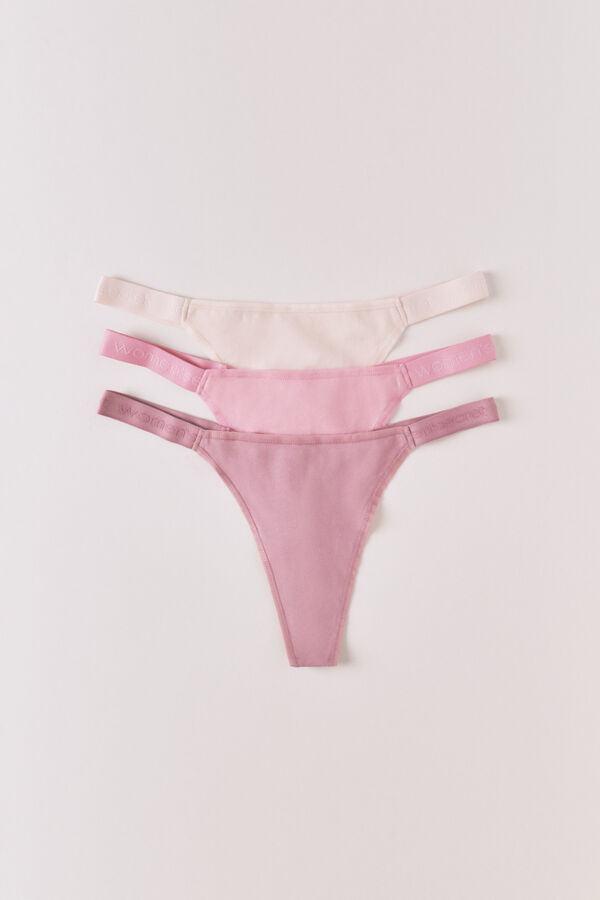 Women'secret Pack de 3 tangas tira de algod&oacute;n rosa con logo blanco