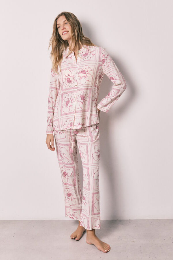 Women'secret Pijama larga camisera de flores rosa